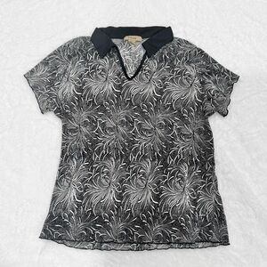 Vintage Plisse Black & White Ribbed Abstract Blouse